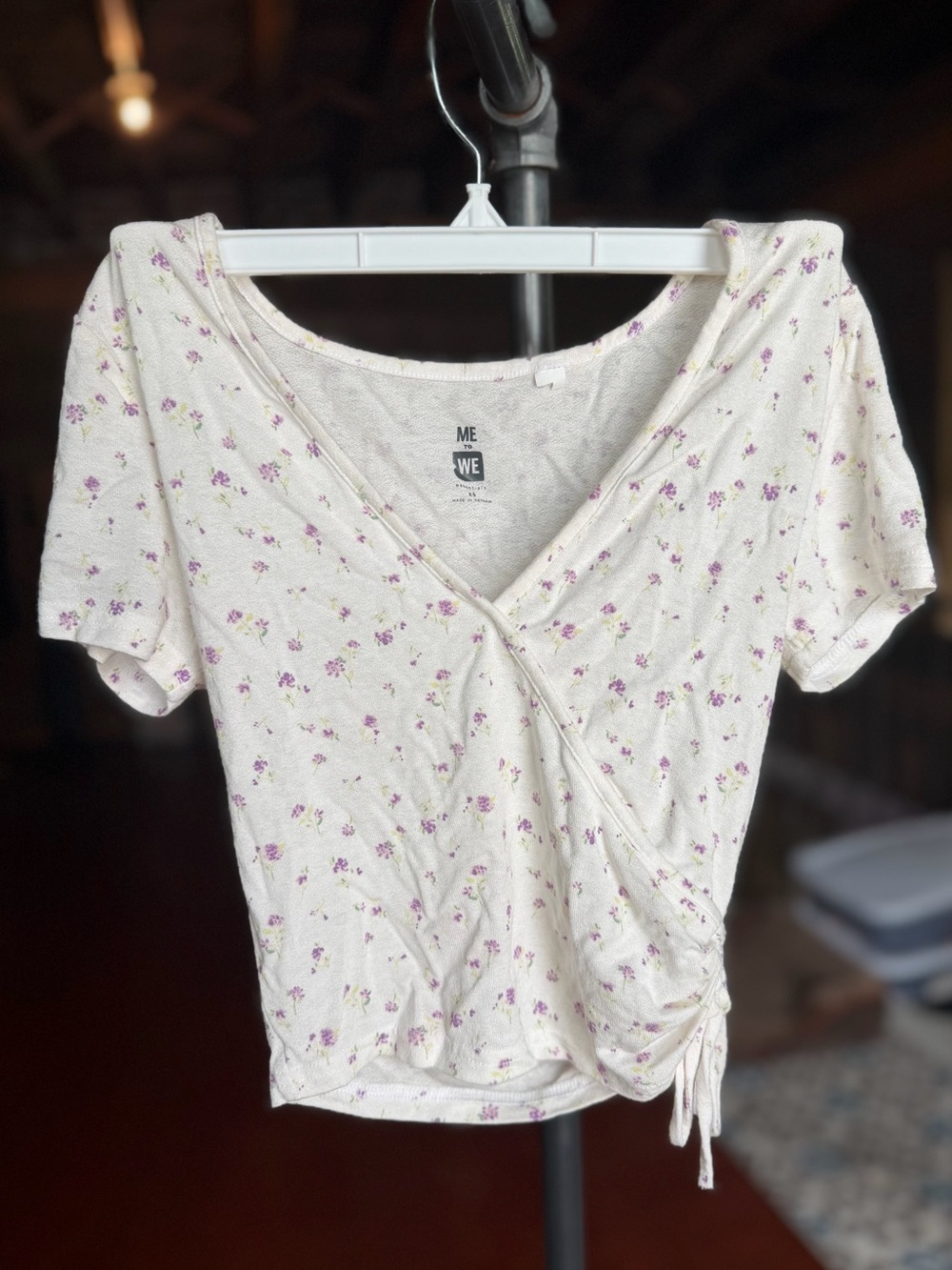 Me to We (PacSun) Cream Wrap Crop Top with Purple Floral Print